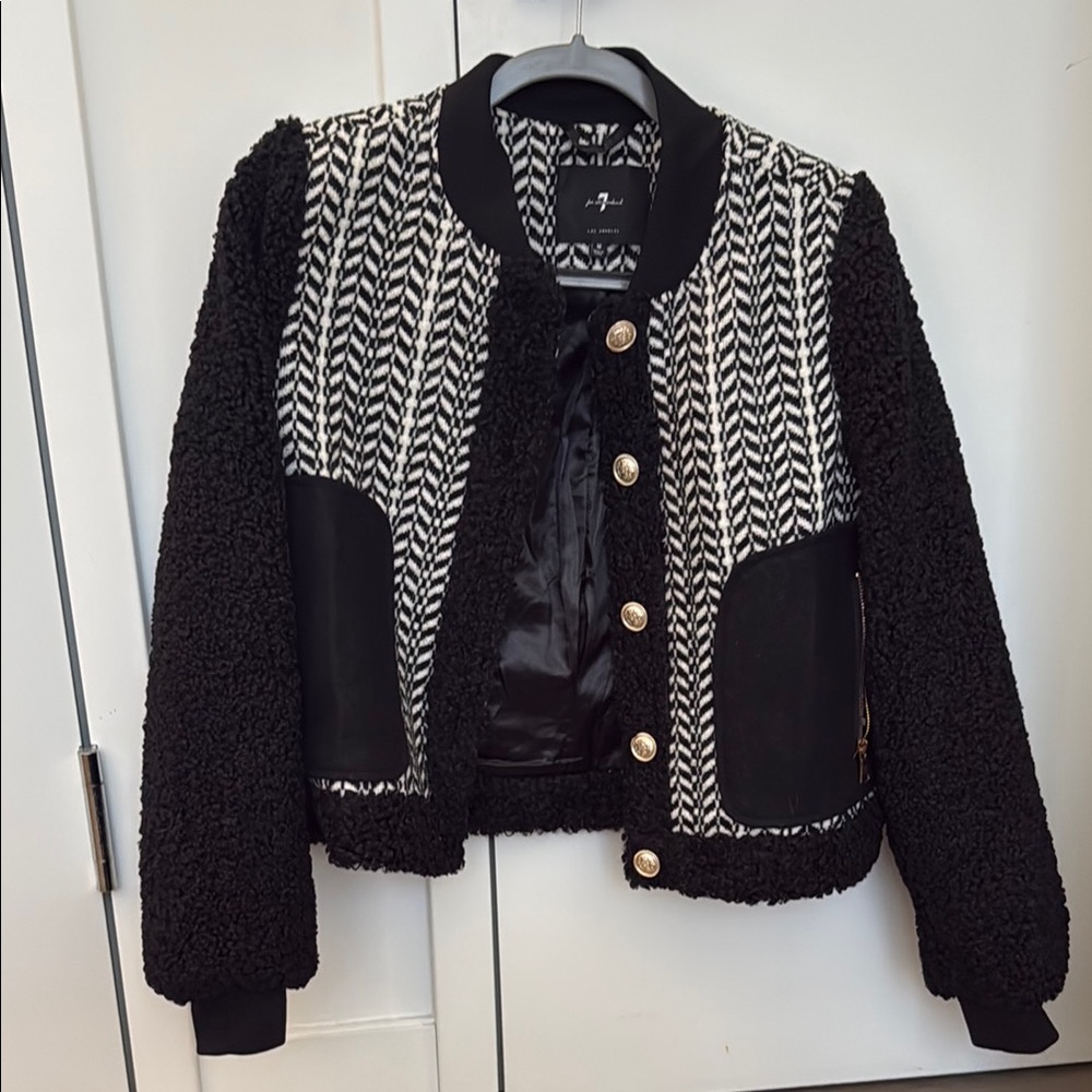 7 For All Mankind Black and Cream Teddy Jacket